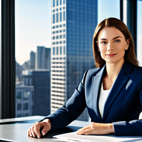 **

A professional businesswoman in a modest navy blue business suit, sitting at a sleek glass desk in a modern, sunlit office with a cityscape view. Fully clothed, appropriate attire, safe for work, perfect anatomy, natural proportions, professional digital painting, high quality, sharp focus.

**