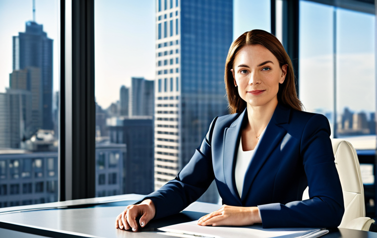 **

A professional businesswoman in a modest navy blue business suit, sitting at a sleek glass desk in a modern, sunlit office with a cityscape view. Fully clothed, appropriate attire, safe for work, perfect anatomy, natural proportions, professional digital painting, high quality, sharp focus.

**