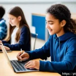 Home 23 모듈식 접근법의 교육 혁신 - A modern, bright digital classroom setting showcasing diverse adult students studying at their own p...